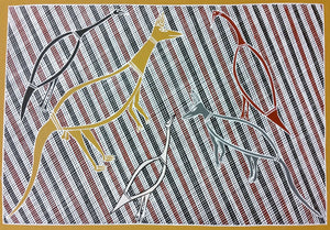 Peinture "Kangourou, Wallaby et 3 Ibis" de Daniel Warrulukuma