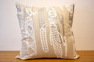 'Bawaliba' (Spirit Woman / Esprit Femme) cushion by Lucy Yarawanga - Beige, White and Silver, 60x60cm